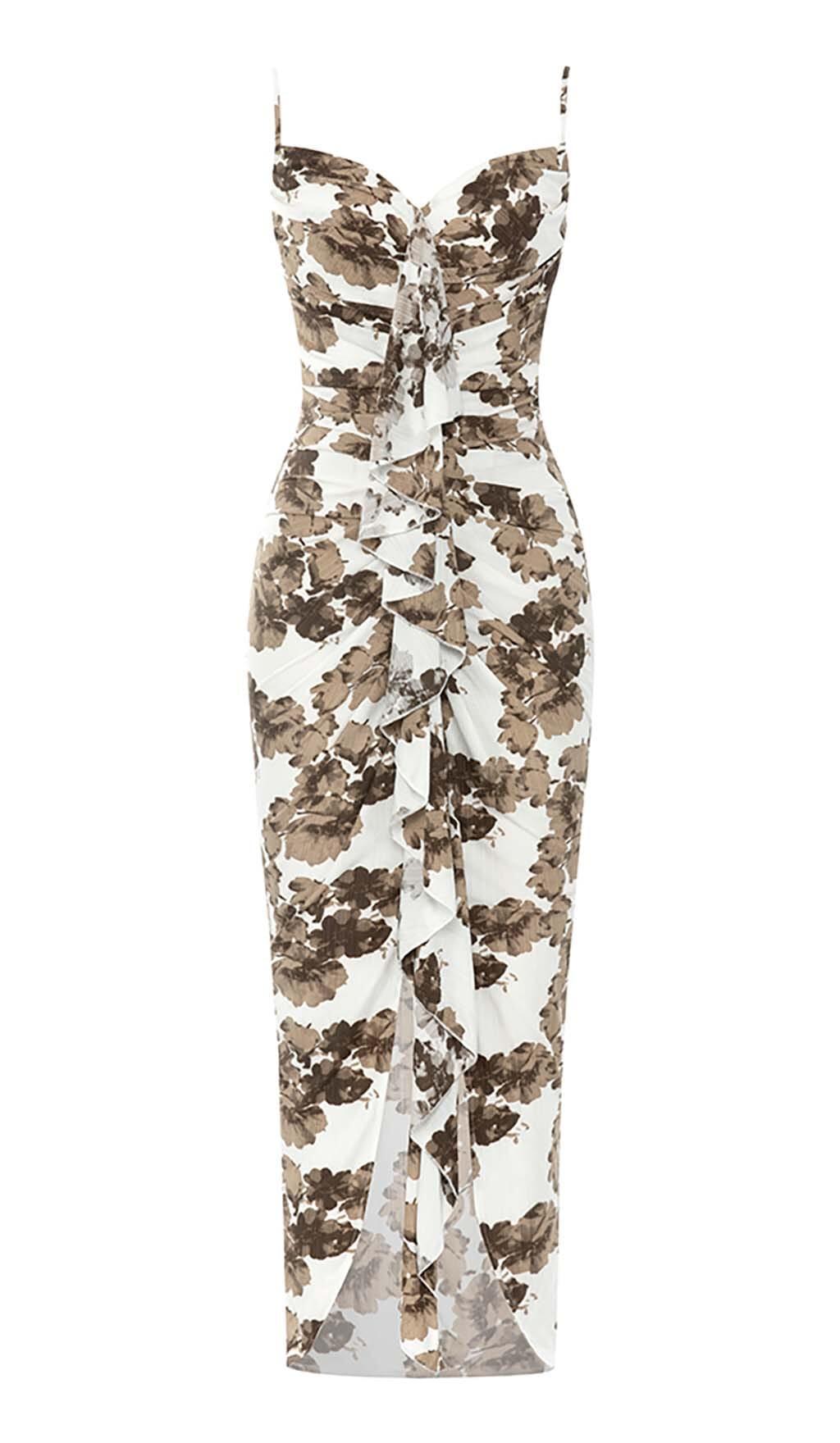 ABITO MIDI CON VOLANT FLOREALI IN BIANCO