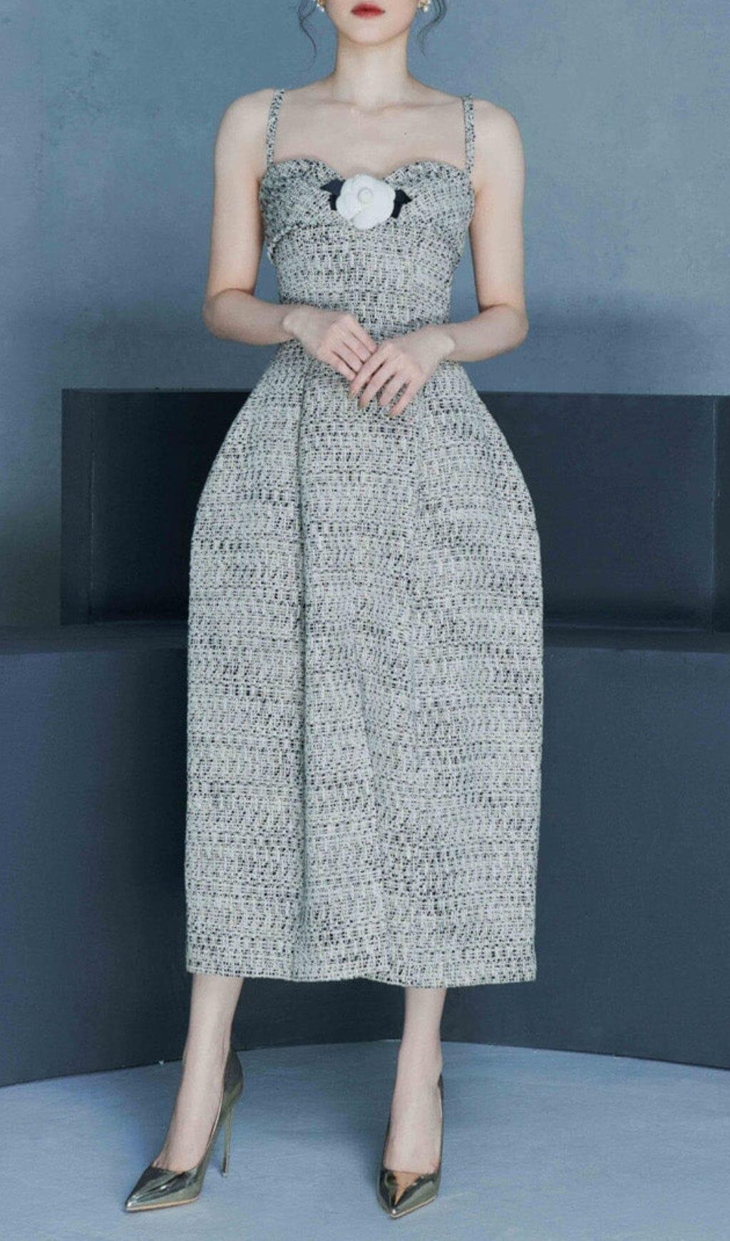 ABITO MIDI GRIGIO CON DECORAZIONI A FIORI