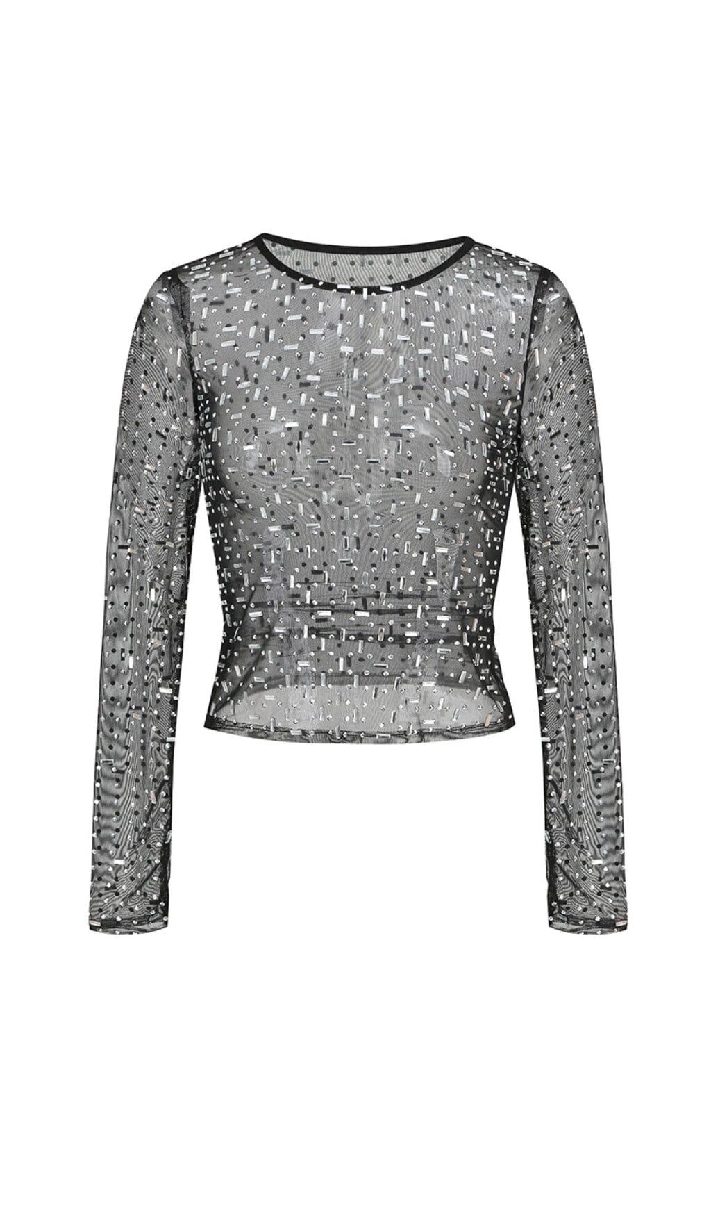 Mesh-Top mit Pailletten und Strass in Schwarz