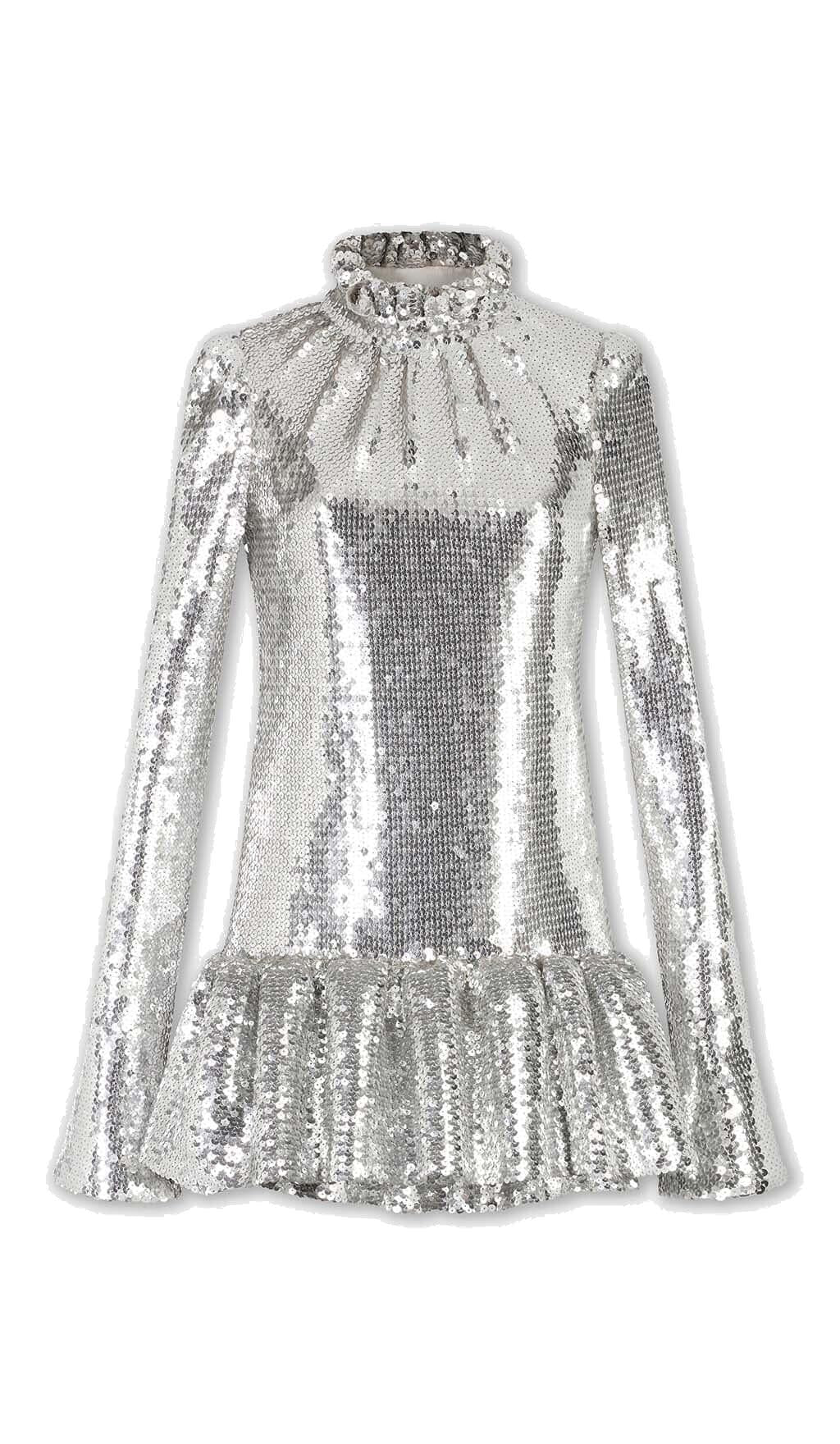 MINIKLEID MIT PAILLETTEN UND RÜSCHEN IN METALLIC-SILBER