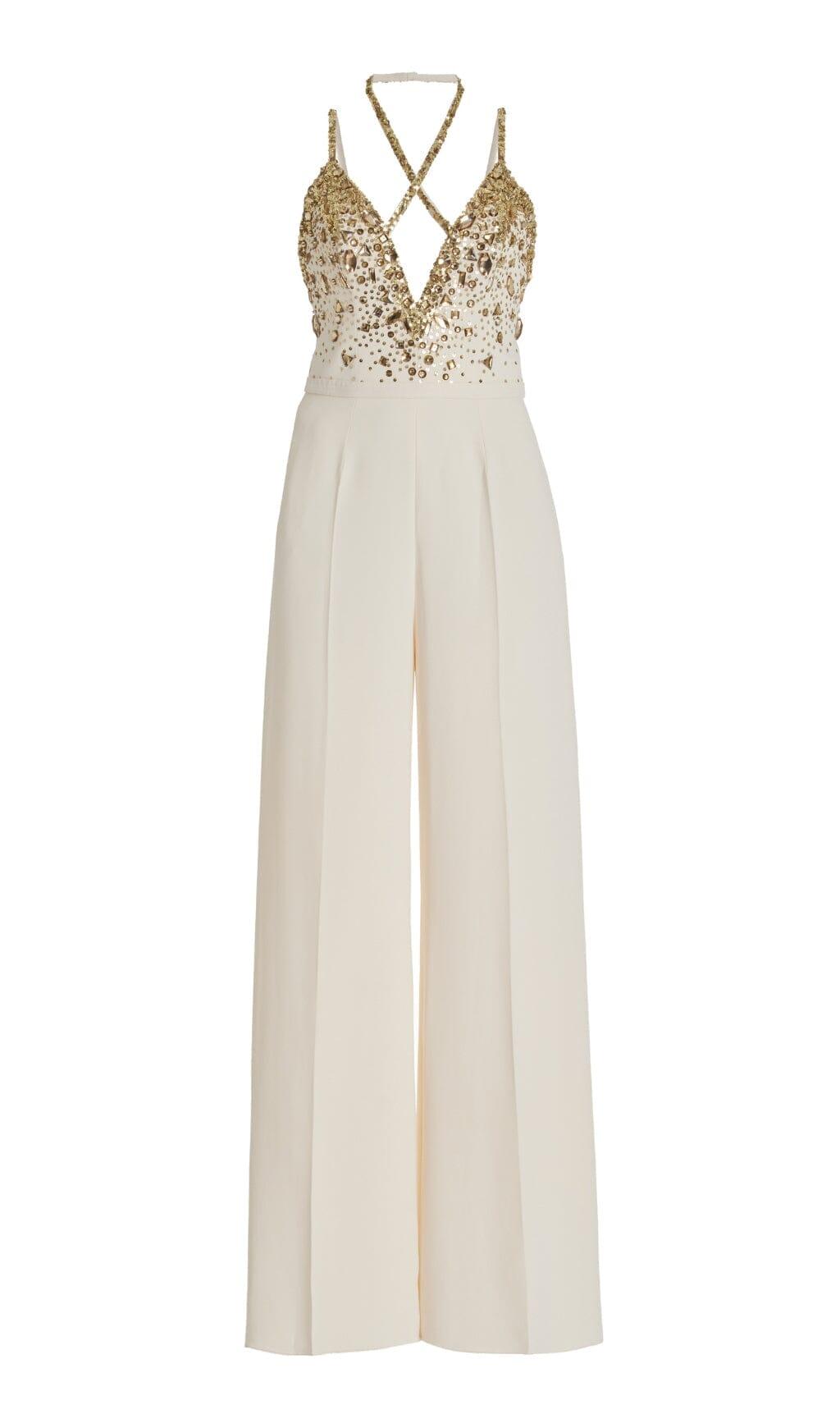 Neckholder-Overall mit V-Ausschnitt und Pailletten in Weiß