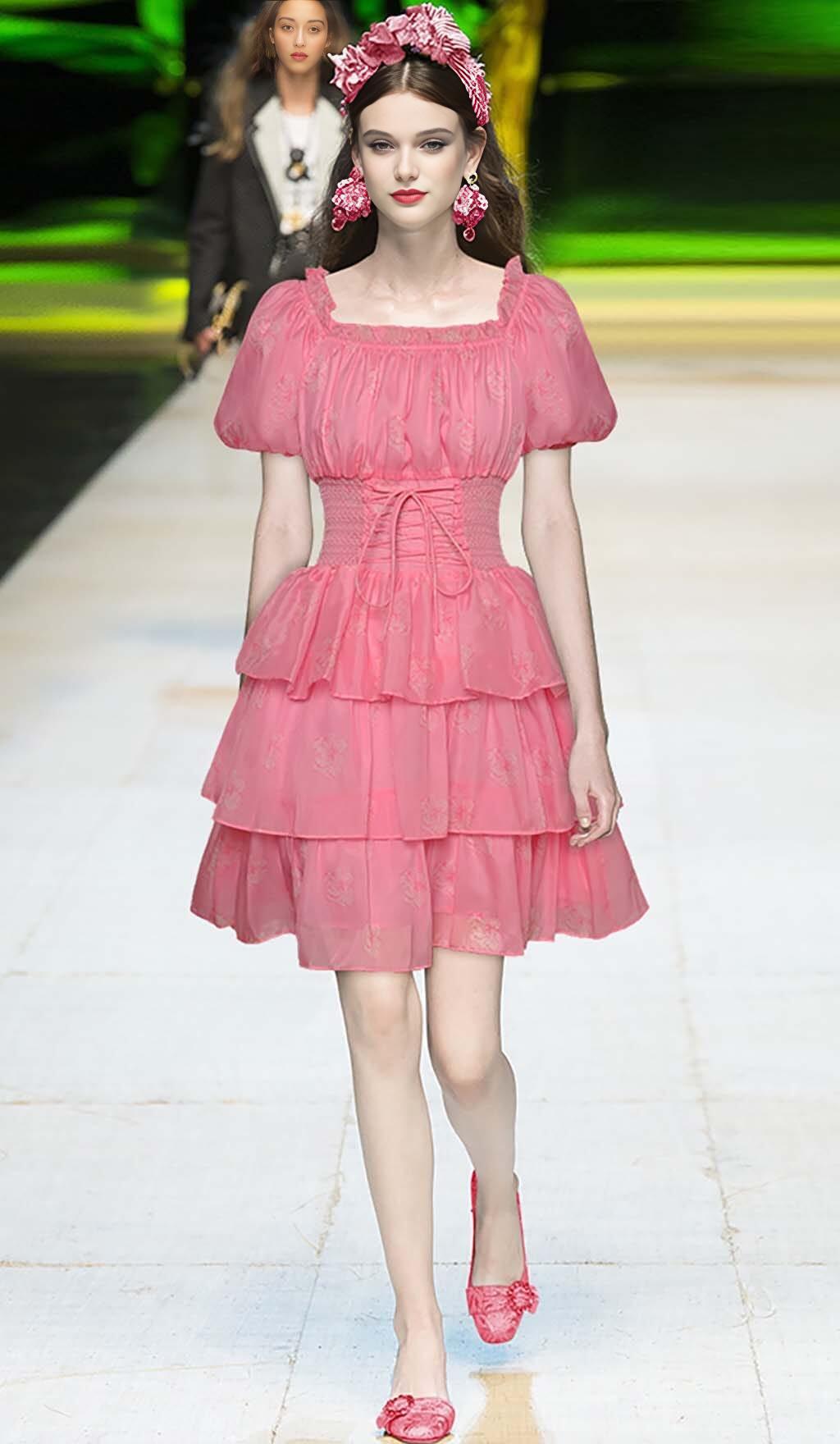 AIIZIE PUFF SLEEVE TIERED MIDI DRESS IN PINK - product image