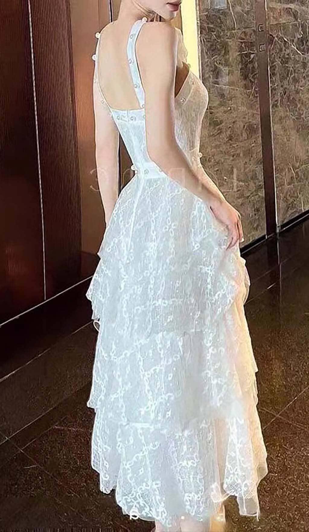 AIIZIE 3D FLORAL PEARL BUTTON RUFFLES MIDI DRESS IN WHITE - product image