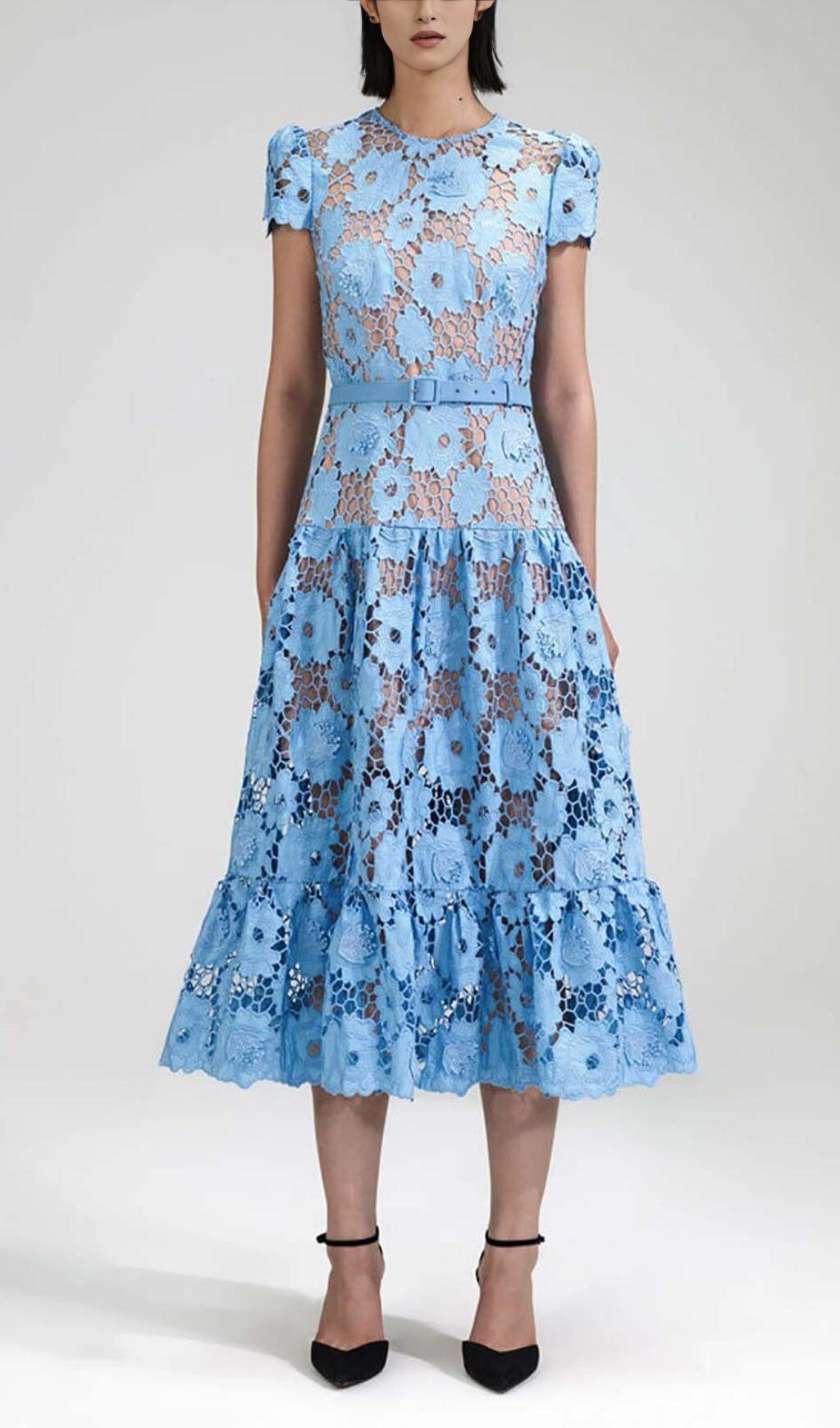 AIIZIE APPLIQUÉD FLORAL LACE MIDI DRESS IN BLUE - product image