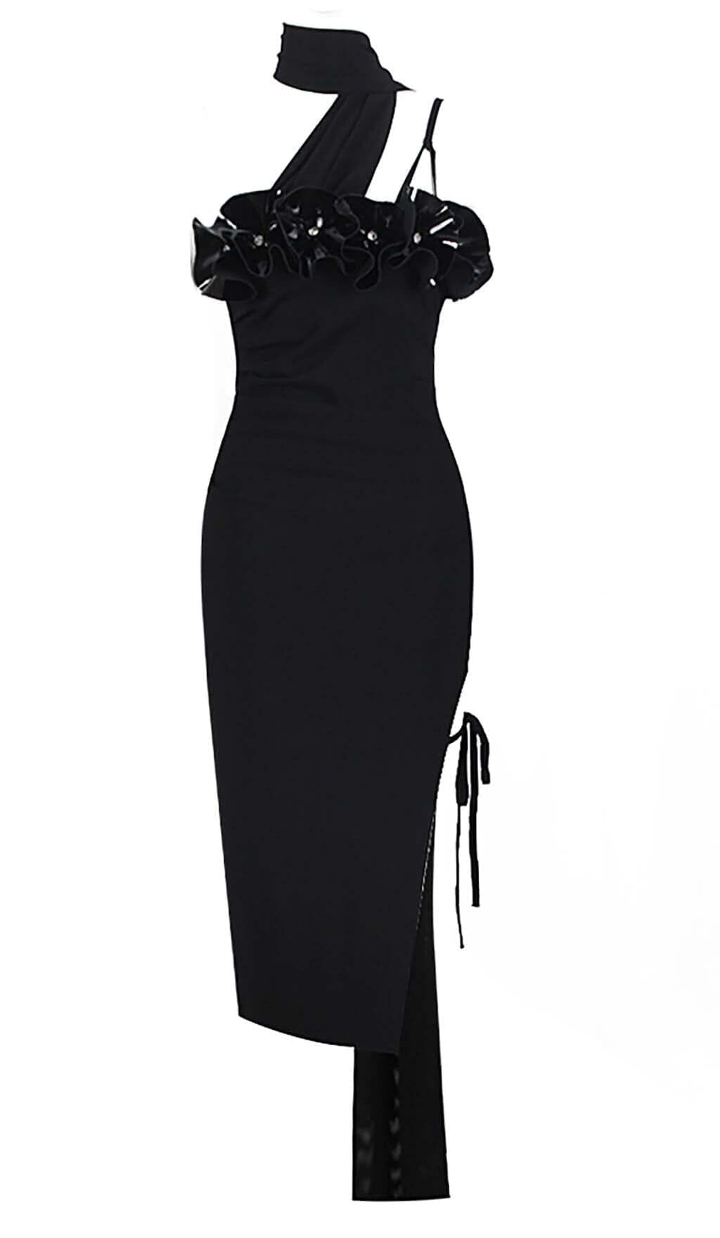 Ärmelloses Wollkrepp-Midikleid mit Blumenmuster in Schwarz