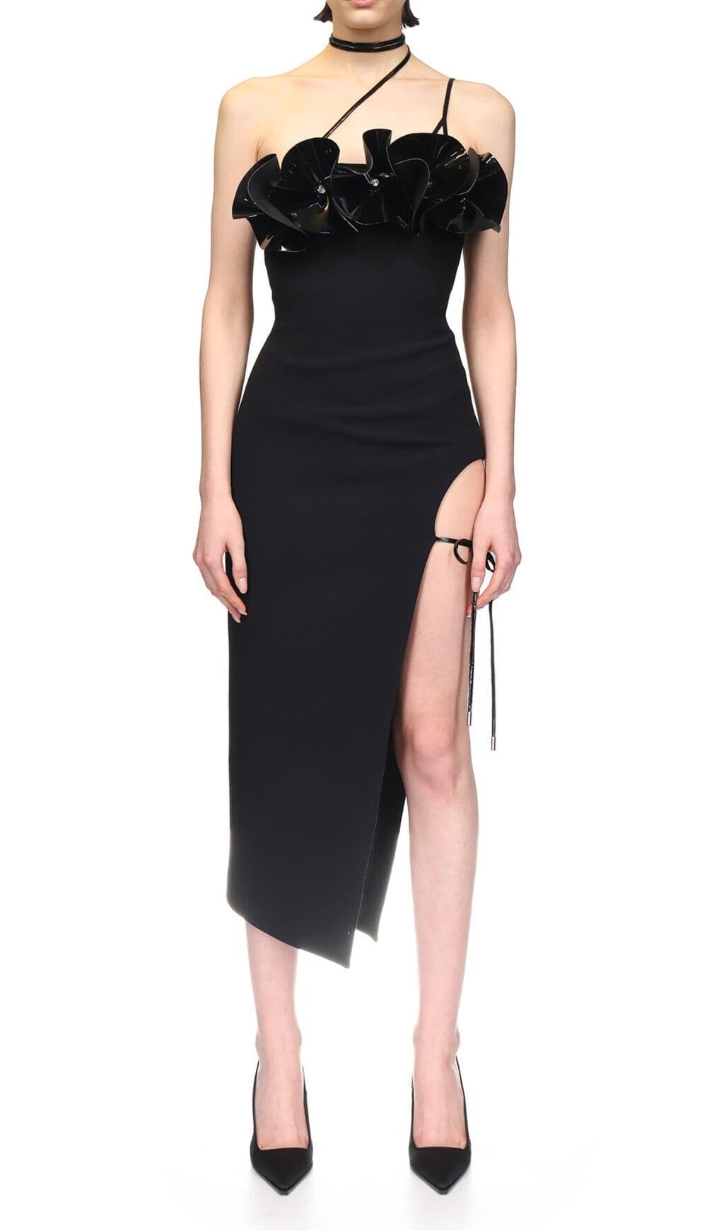 Ärmelloses Wollkrepp-Midikleid mit Blumenmuster in Schwarz