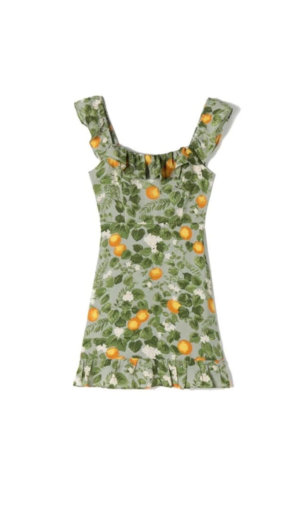 MINIKLEID MIT RÜSCHEN UND BLÄTTERFRUCHTPRINT IN GRÜN
