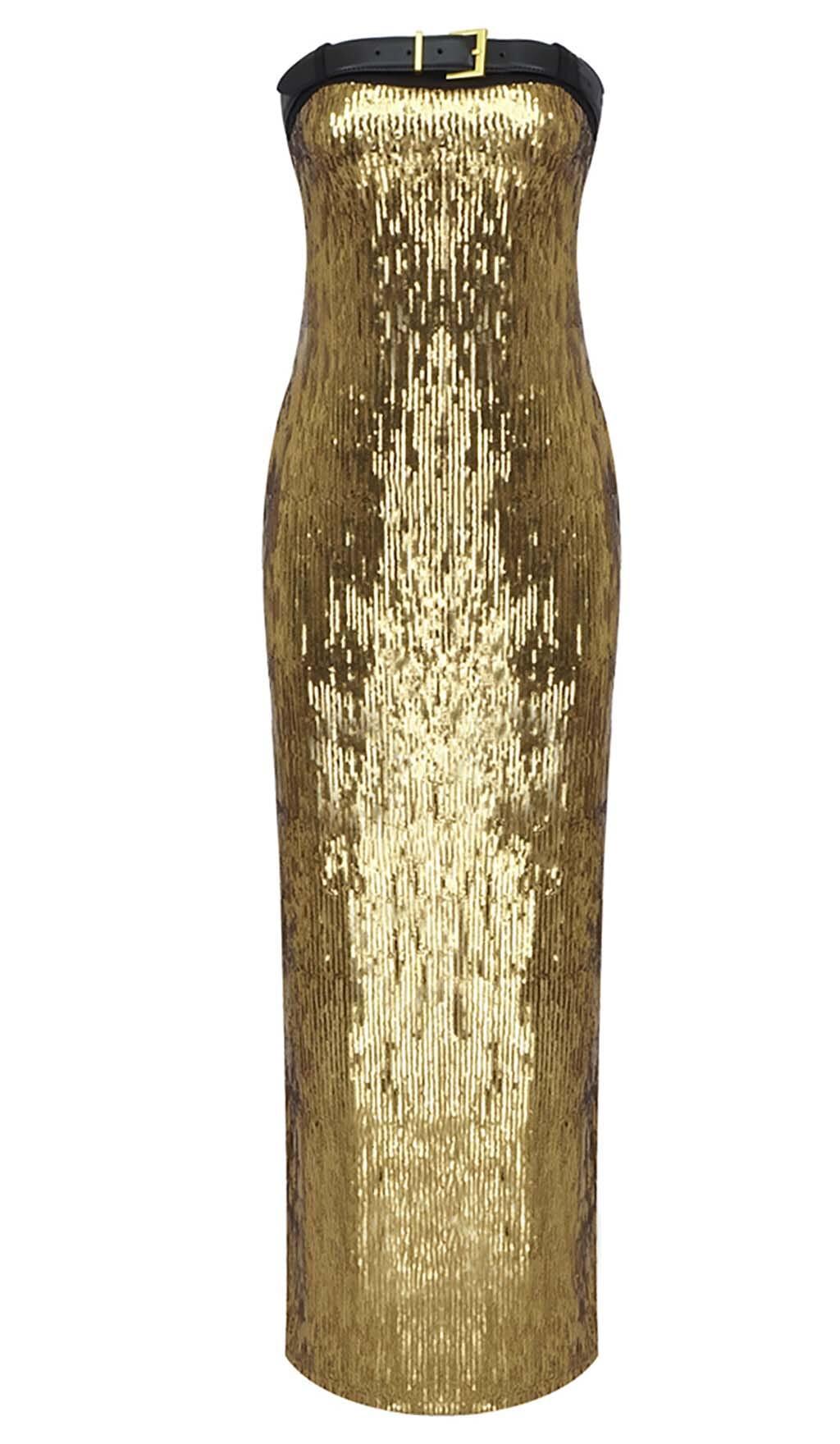 ABITO MIDI METALLIZZATO SENZA SPALLINE IN CHAMPAGNE