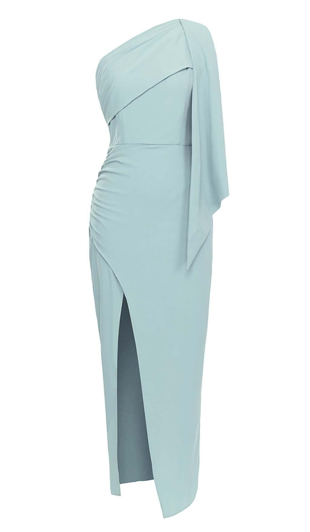 Maxikleid mit Schlitz und einer Schulter in Hellblau