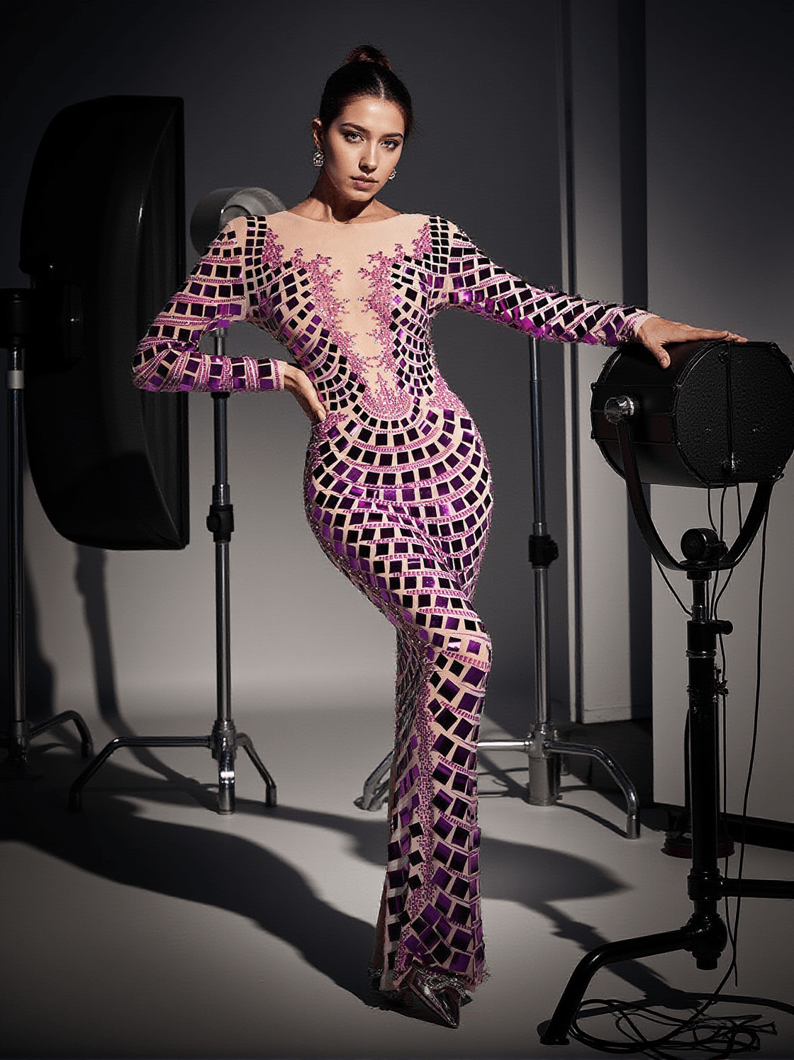 Angie – Langärmliges, geschwungenes Maxikleid mit Verzierung
