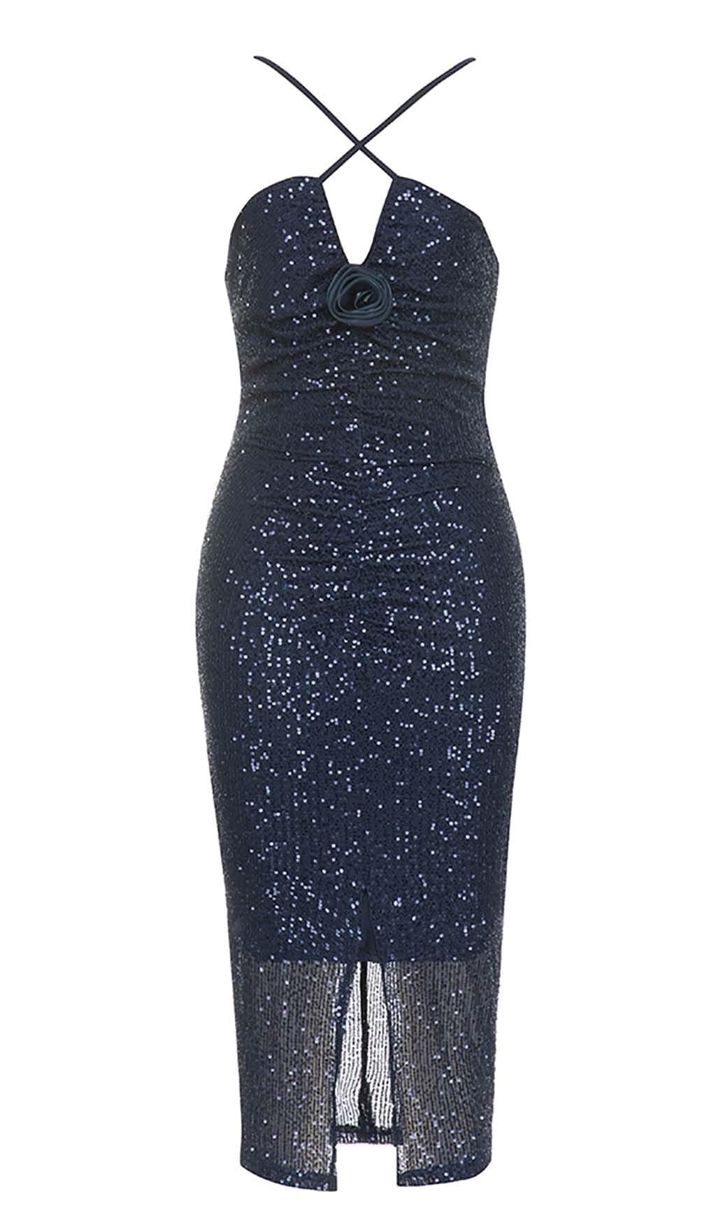 ABITO MIDI CON SCOLLO A V E PAILLETTES FLOREALI 3D BLU NAVY