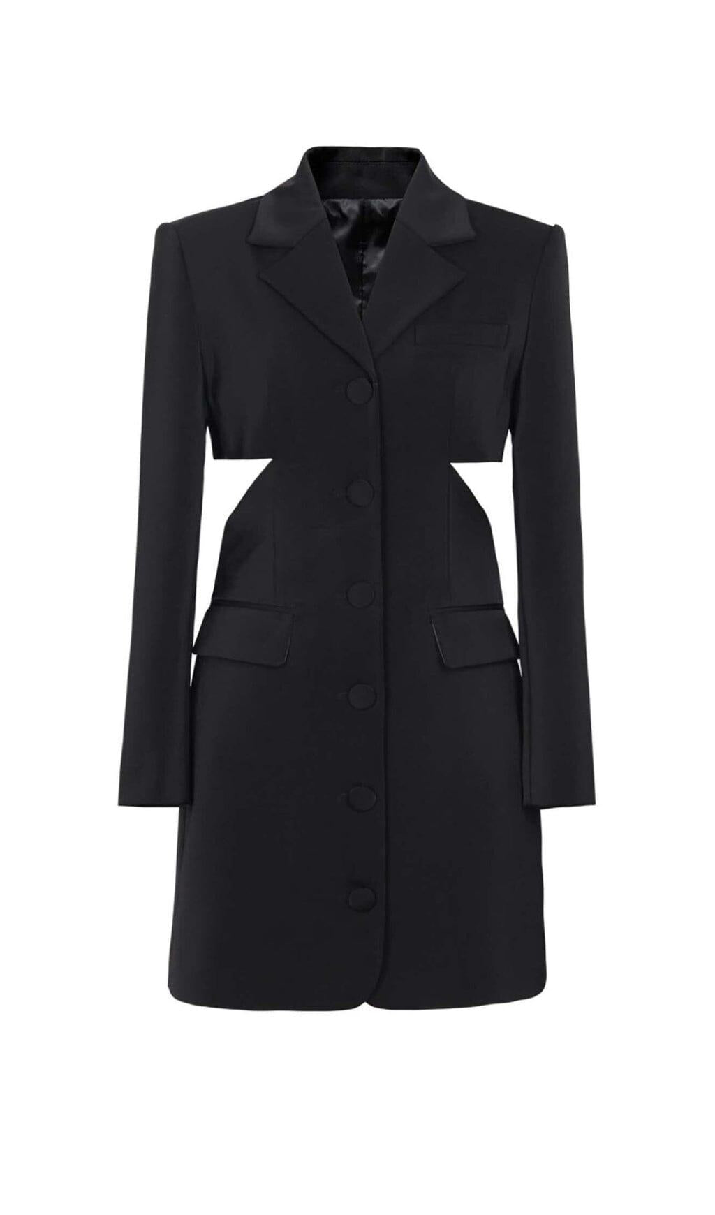 BOW-EMBELLISHED CUTOUT JACKET DRESS IN BLACK