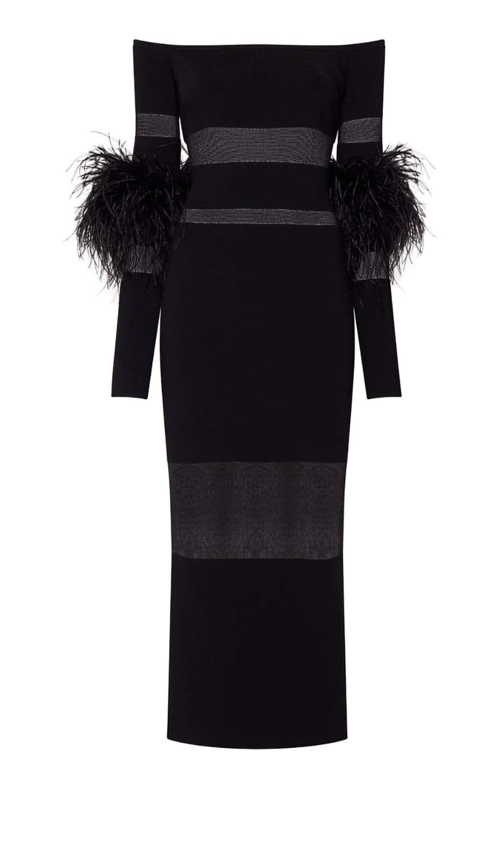 MIDIKLEID MIT FEDERBESATZ UND KALTEN SCHULTERN IN SCHWARZ