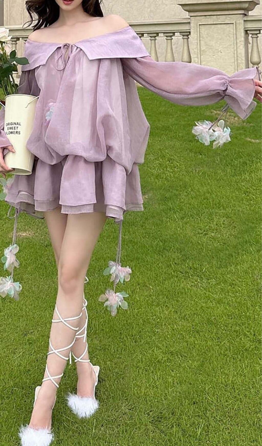 MINI ABITO IN PIZZO CON SPALLE SCOPERTE VIOLA