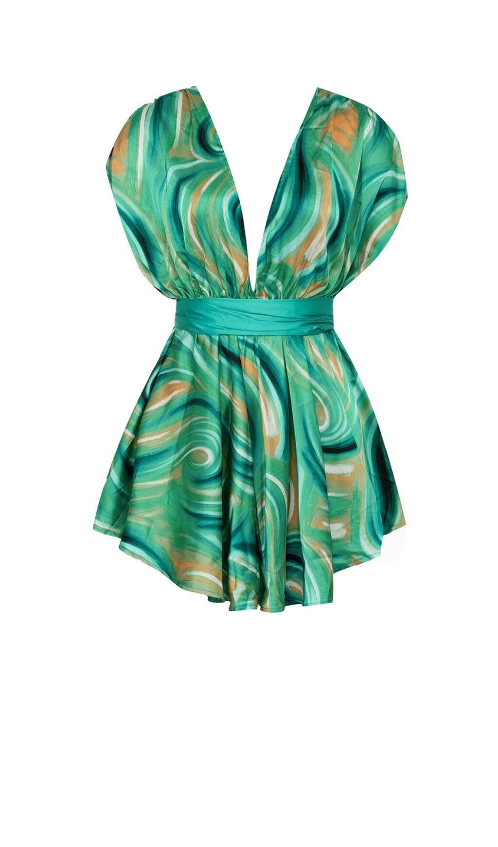 MINIKLEID MIT ALLOVER-PRINT UND TIEFEM Ausschnitt IN LIMNETGRÜN