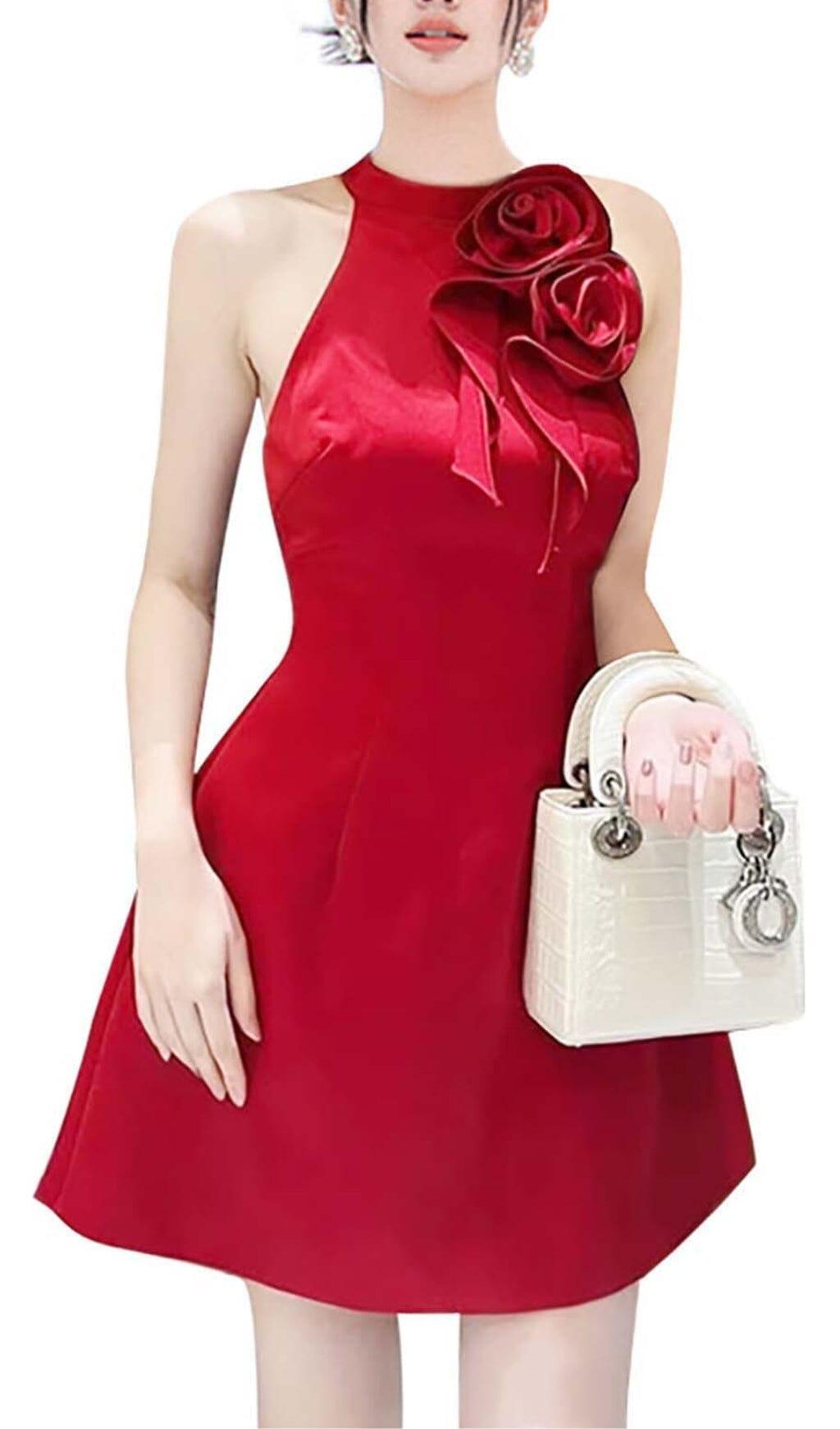 MINI ABITO SENZA MANICHE CON DECORAZIONI BOSE IN ROSSO