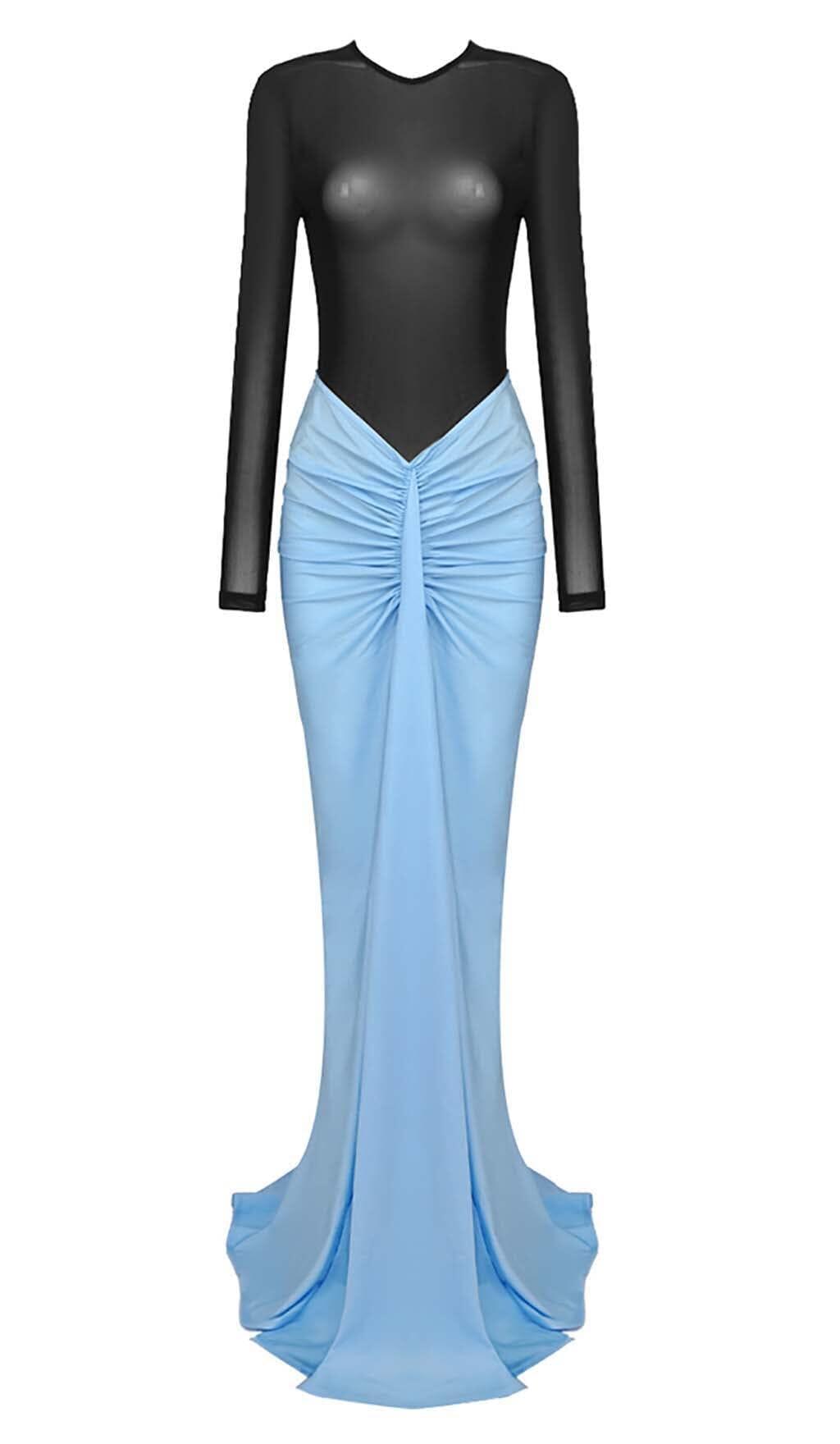 ABITO LUNGO BLU CON VITA ABBASSATA E RUCHES