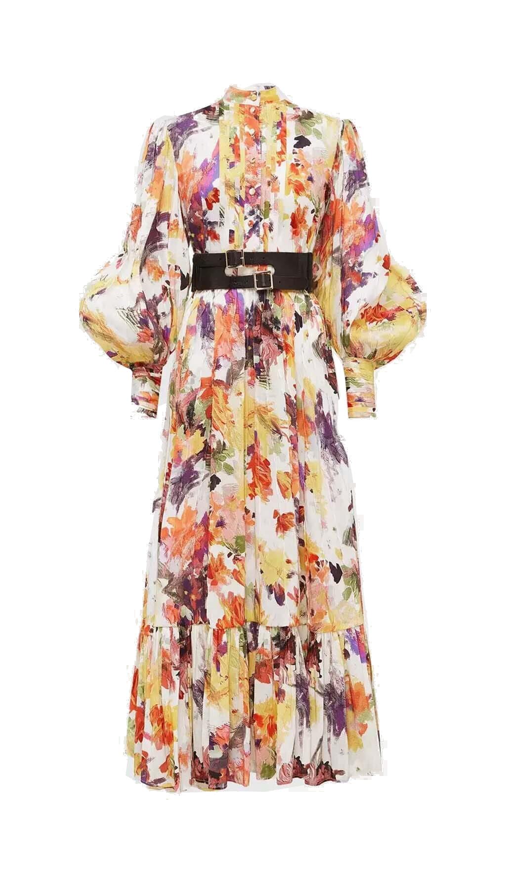 MIDIKLEID AUS SEIDE MIT POISE-PRINT IN MEHRFARBIG