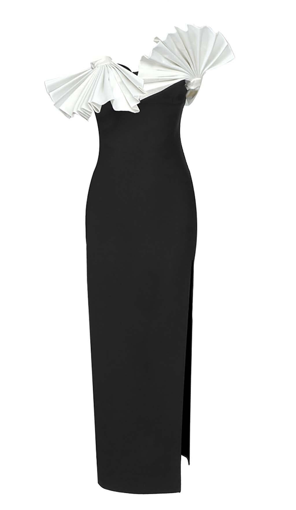 MIDIKLEID MIT RÜSCHEN UND SCHLITZ IN SCHWARZ