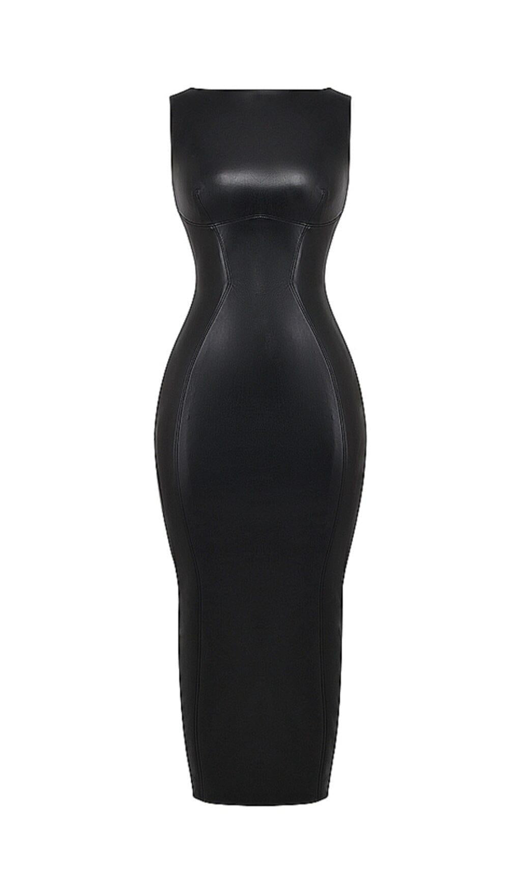 BLACK VEGAN LEATHER MAXI DRESS