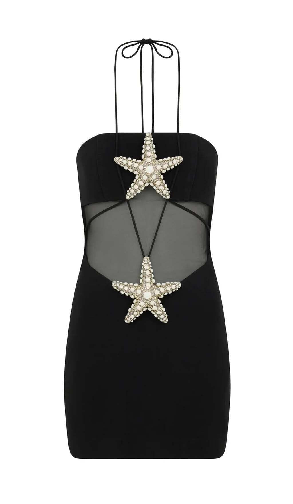 MINI ABITO CON SCOLLO A V E STELLE MARINE DI CRISTALLO NERO