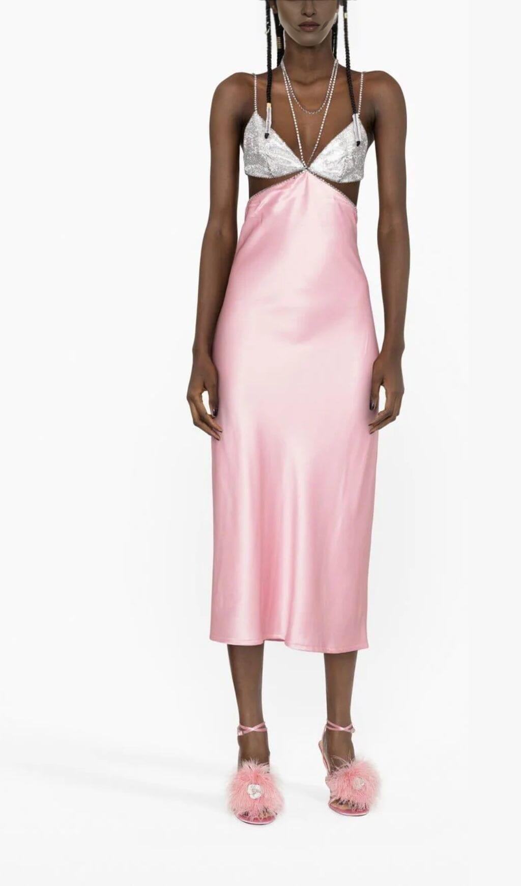 ABITO MIDI SOTTOVESTE ROSA CON CRISTALLI