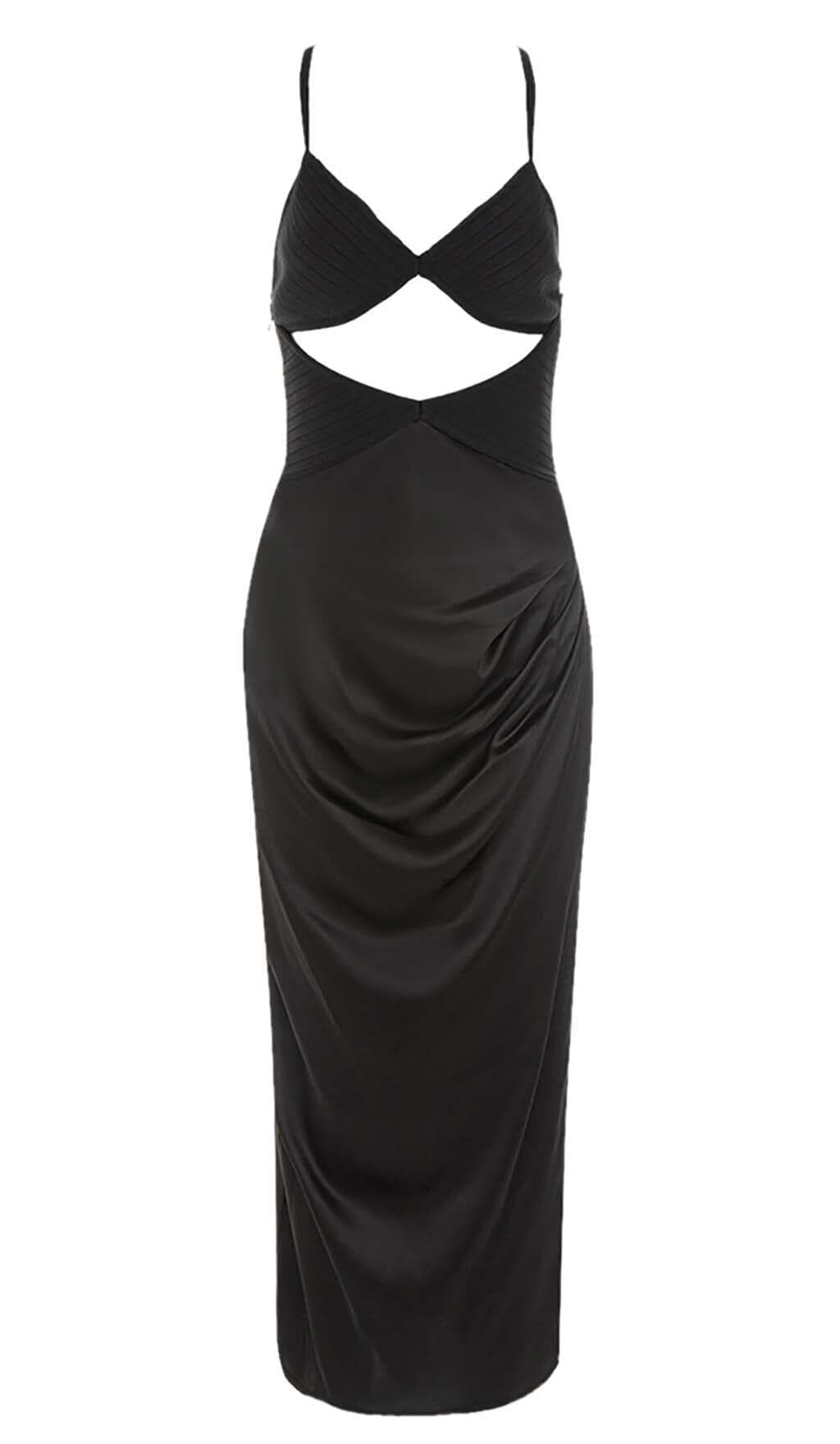 ABITO MIDI IN RASO CON CAMICIA E TAGLIO FRONTALE NERO