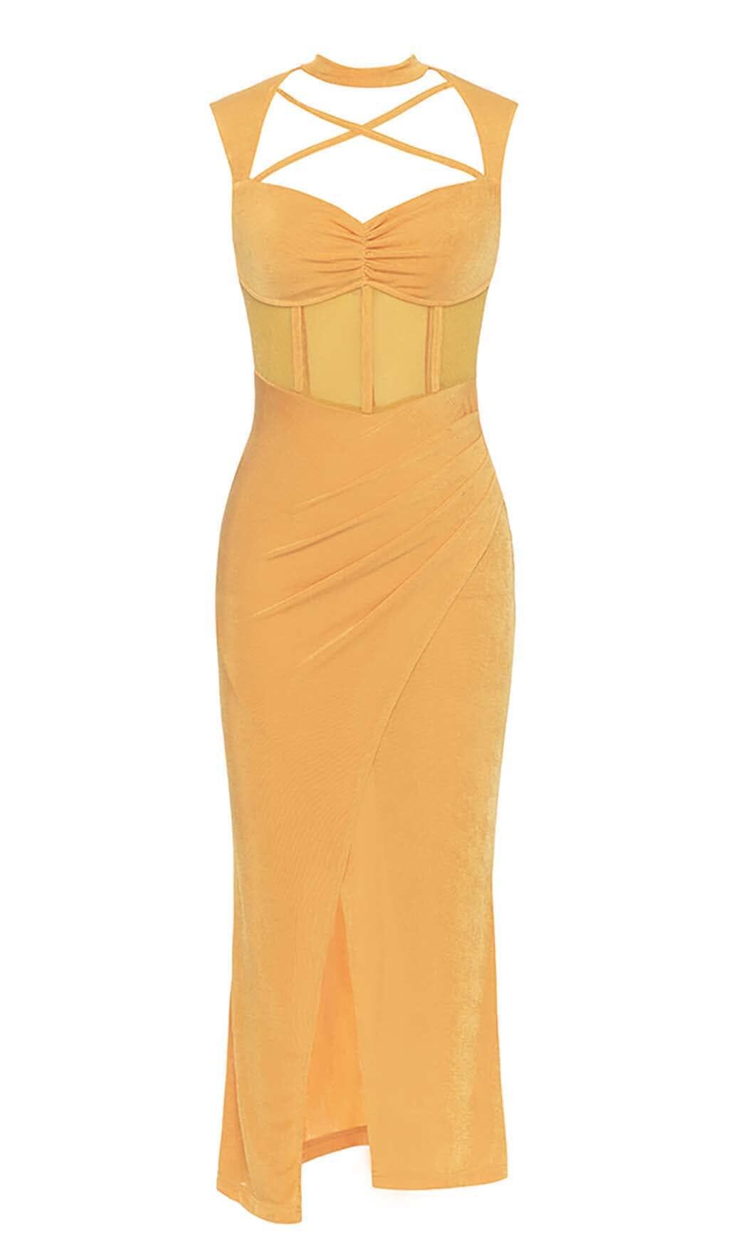 Neckholder-Bandage-Midikleid in Gelb