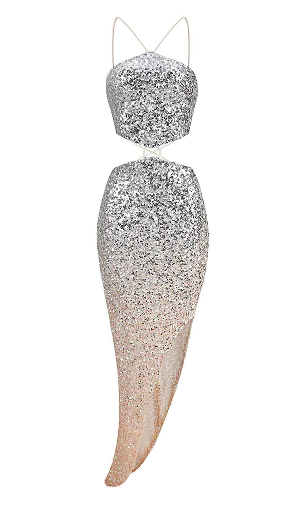 ABITO MIDI CON SCOLLO A V E PAILLETTES IN ARGENTO METALLIZZATO