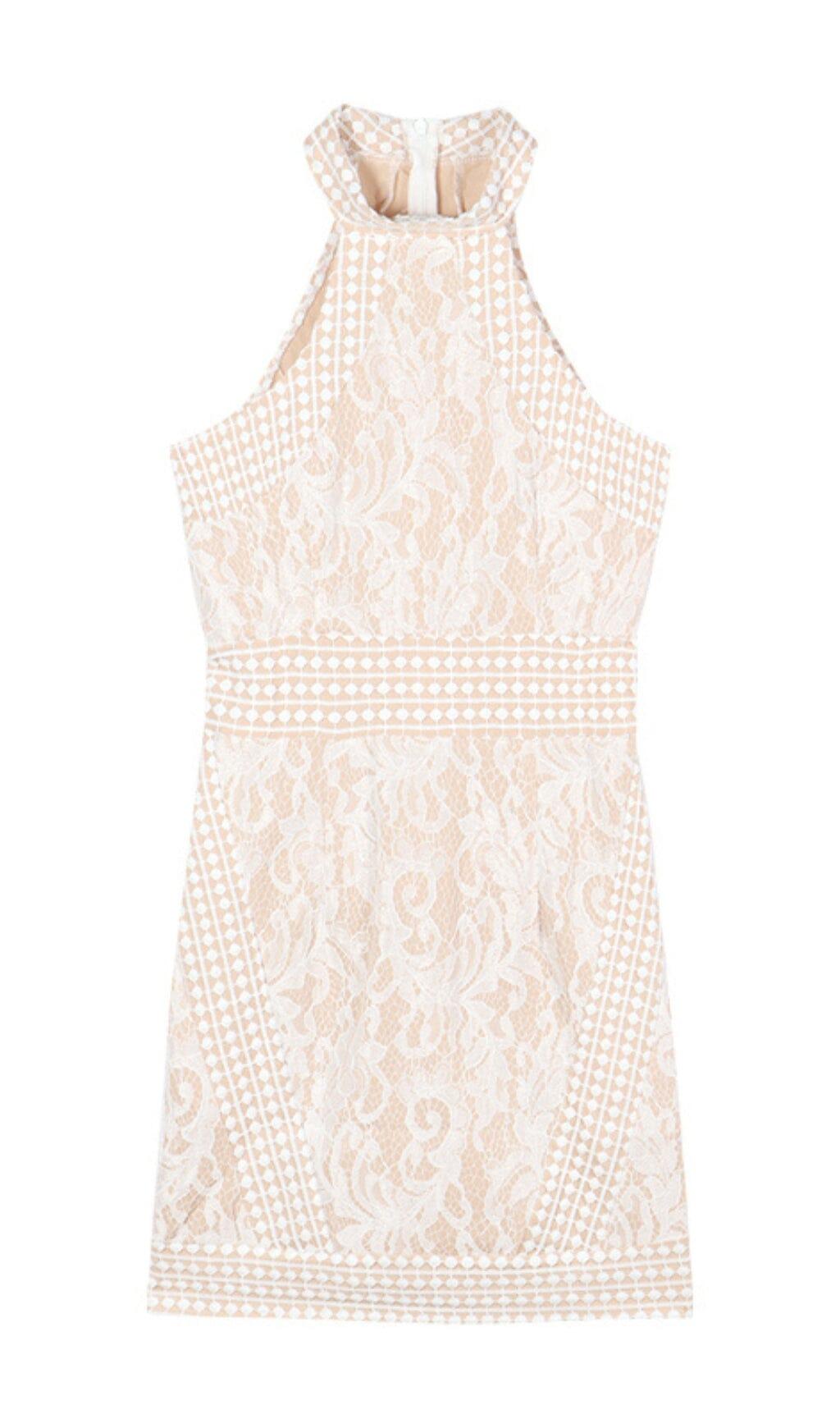 HIGH NECK CROCHET MINI DRESS IN BEIGE AIIZIE HIGH NECK CROCHET MINI DRESS IN BEIGE AIIZIE