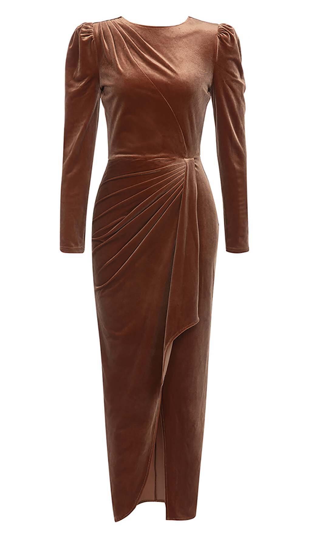 Sleeve Velvet Midi Dress in Brown