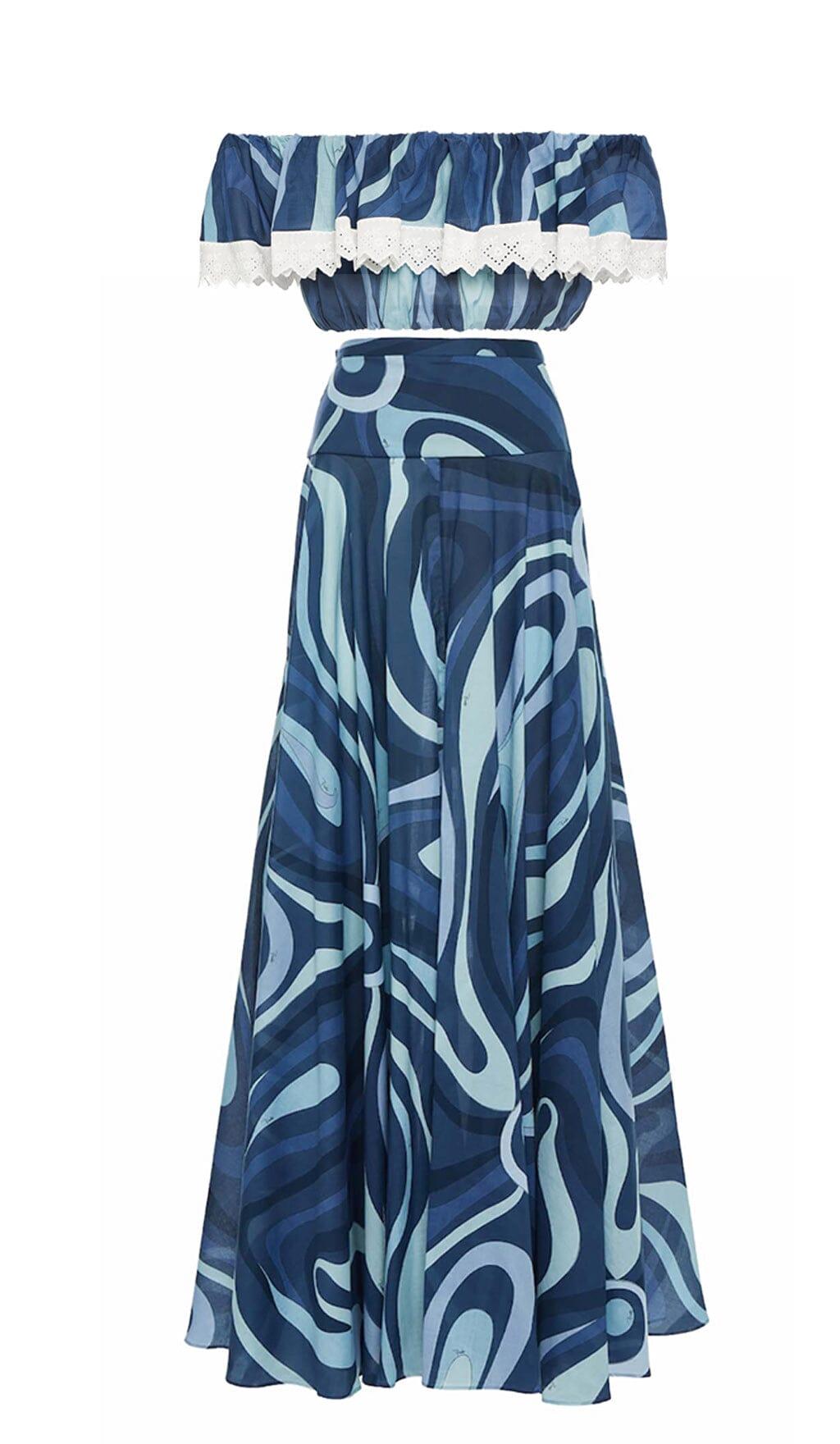 Zweiteiliges Set mit Rüschen und Marmor-Print in Blau