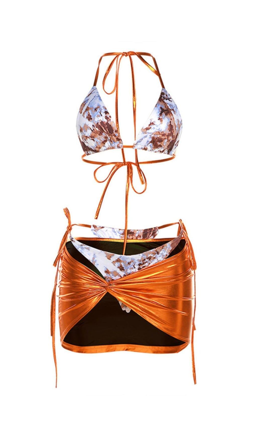 COSTUME DA BAGNO METALLIZZATO STAMPATO TRE PEZZI IN ORO