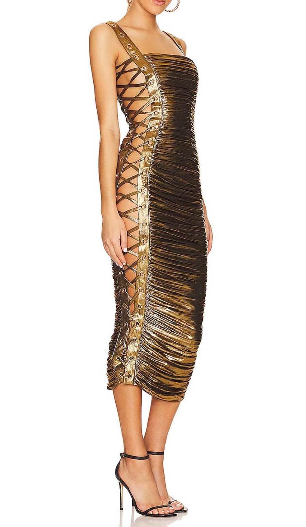 ABITO MIDI METALLIZZATO CON RUCHES IN ORO