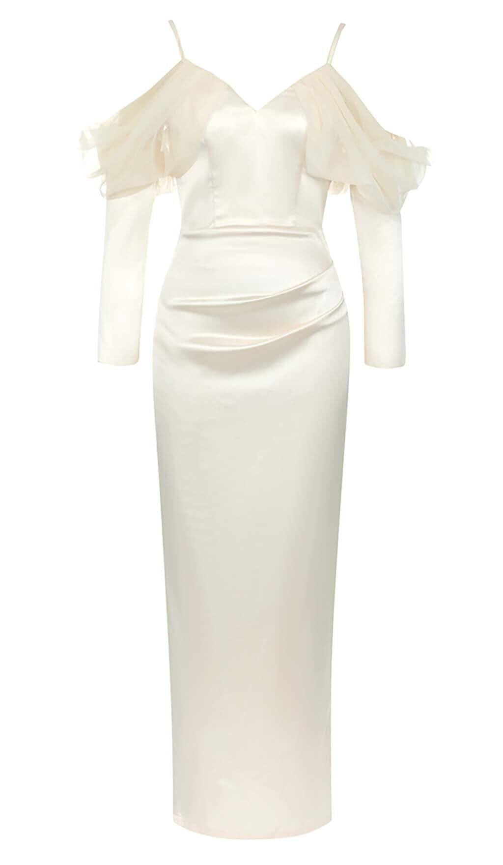 SEIDEN-MIDIKLEID MIT KALTEN SCHULTERN IN APRICOT