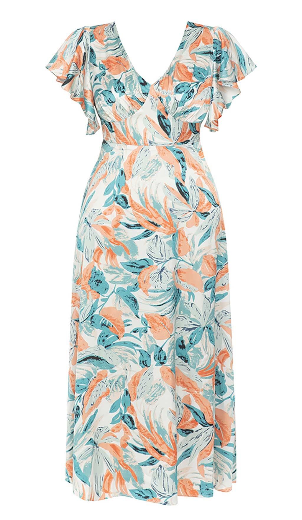 ABITO MIDI CON MANICHE A FARFALLA E STAMPA TROPICALE MULTICOLORE