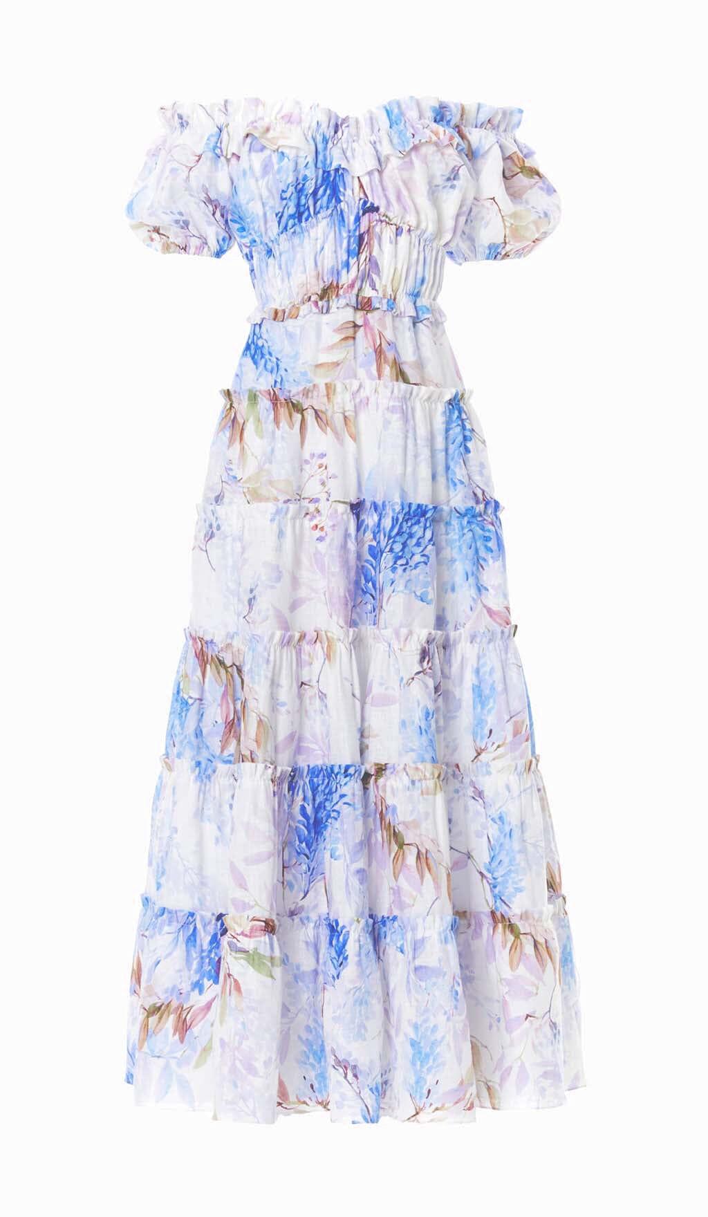 MIDIKLEID MIT PUFFÄRMELN UND KORSETT IN LAVANDER