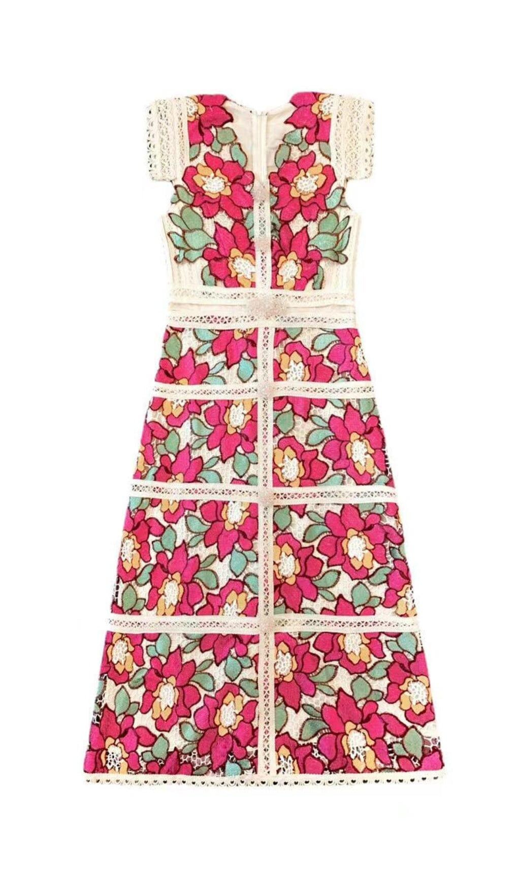 MIDIKLEID MIT BLUMENSTICKEREI IN ROT