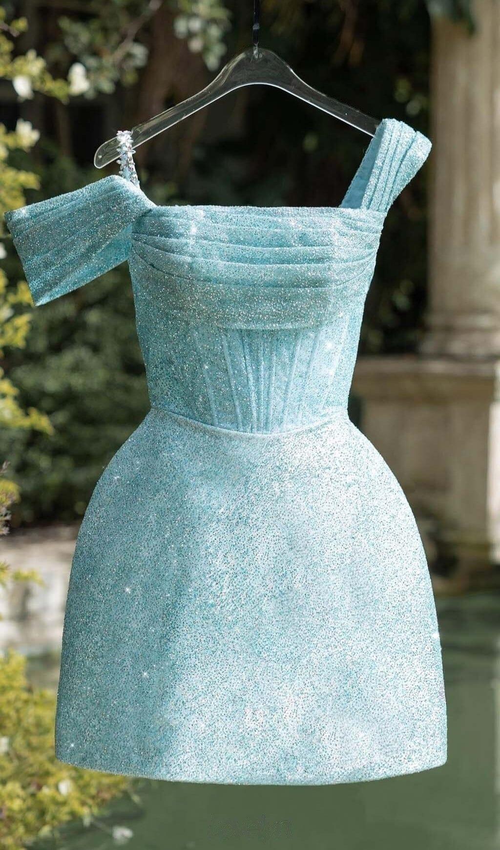 MINI ABITO CON CORSETTO DI PAILLETTES COLOR CELESTE