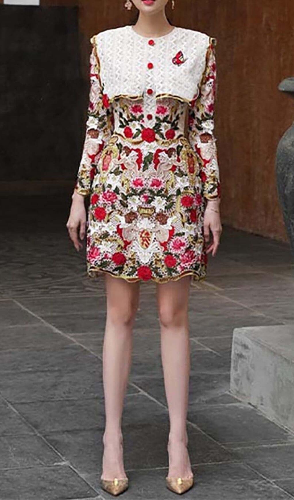 MINI ABITO CON RICAMI FIORITI IN ROSSO