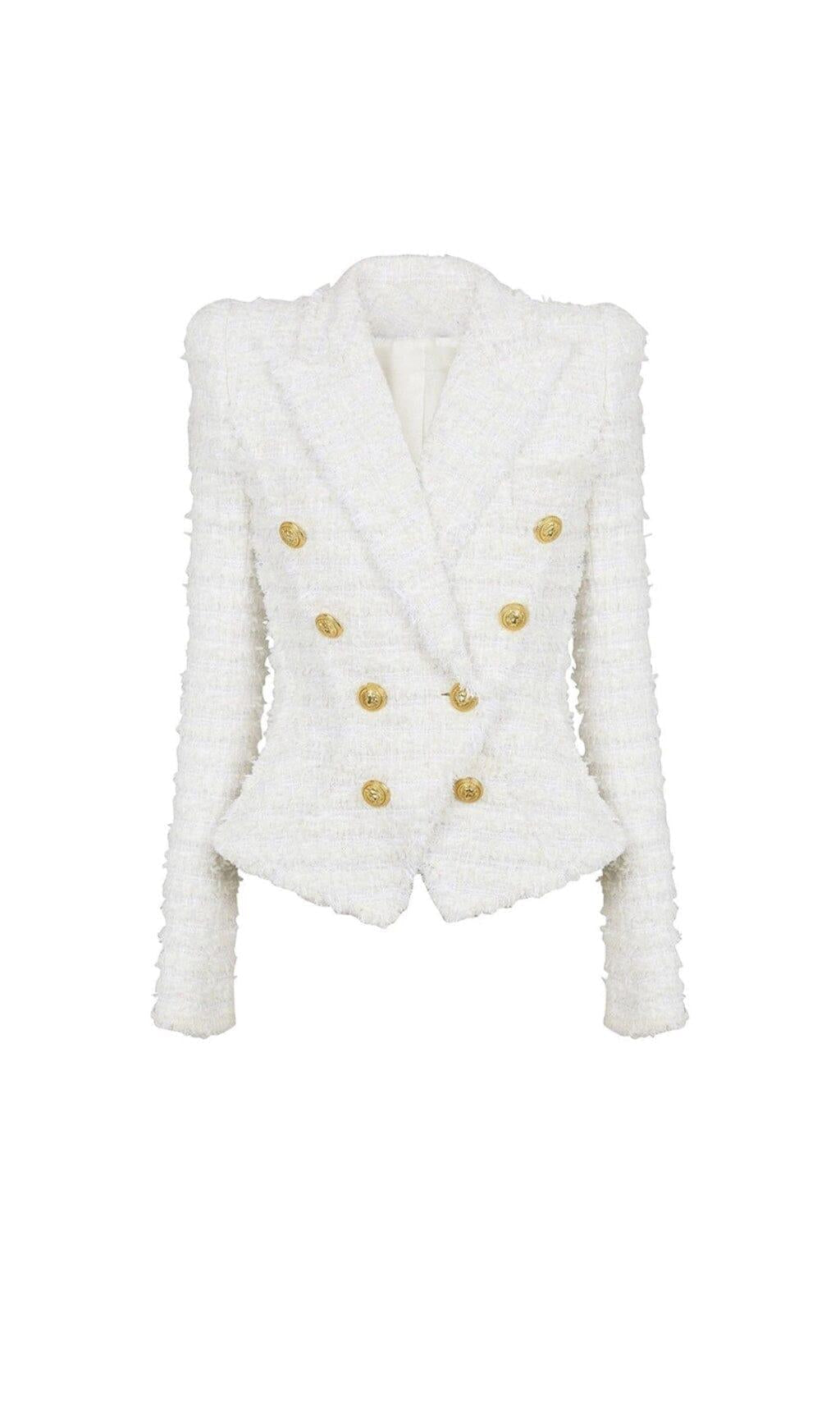 ZWEIREIHIGES BLAZER- UND HOSENSET AUS TWEED MIT KNOPF