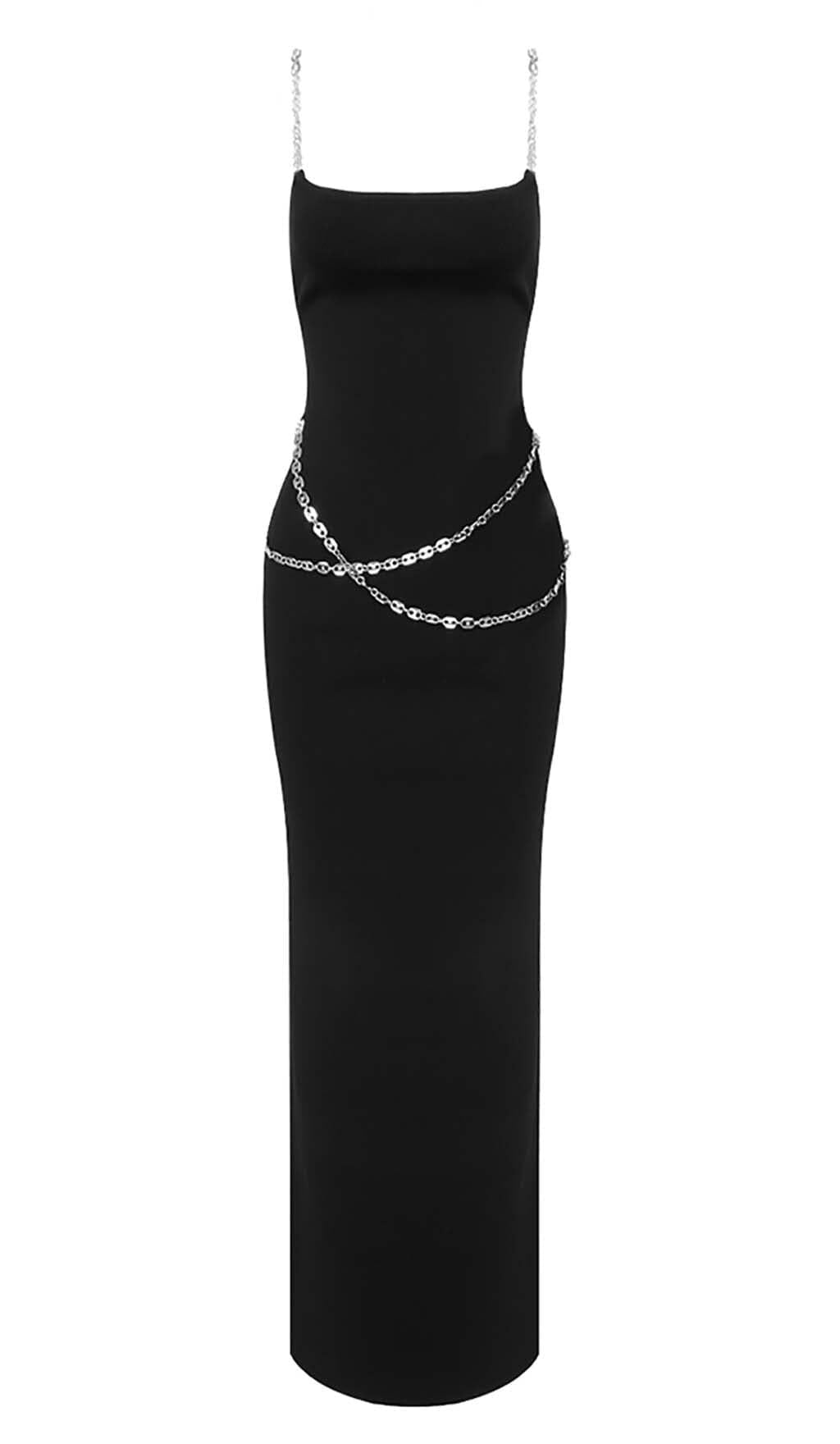 CRYSTAL STRAPPY BANDAGE MAXI DRESS IN BLACK