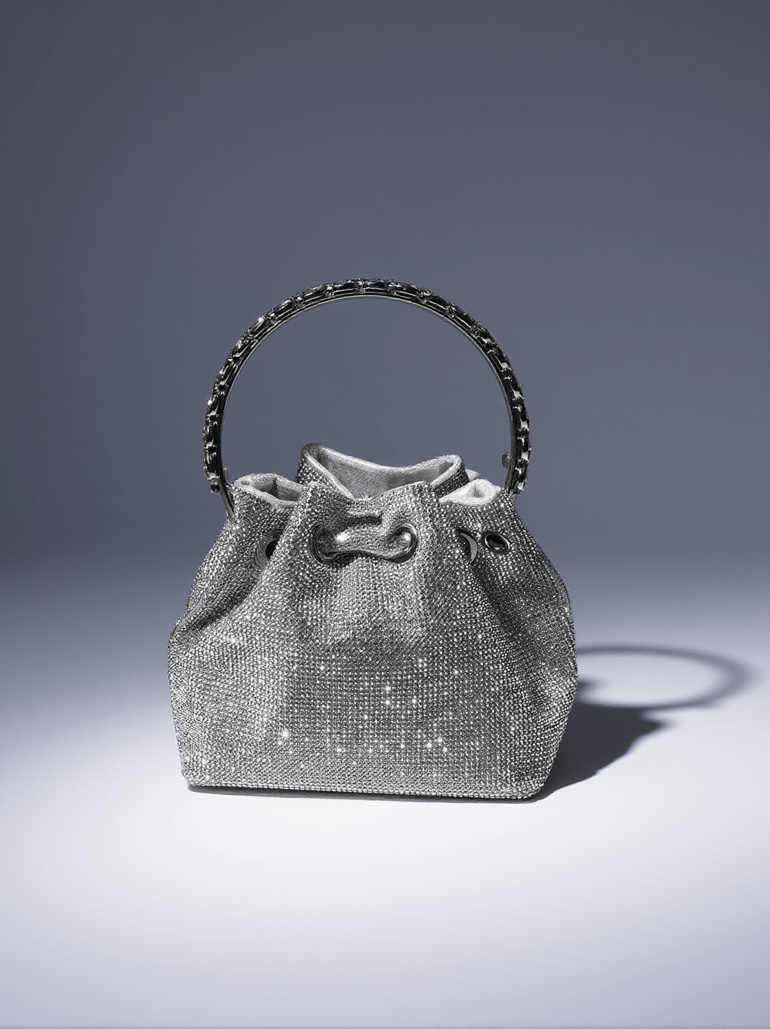 MATTEA CRYSTAL EMBELLISHED BUCKET BAG IN SILVER