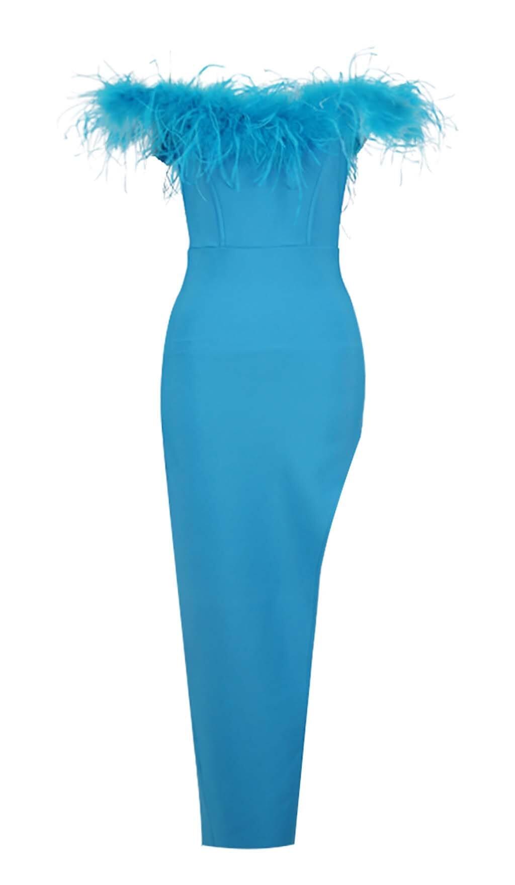Schulterfreies High-Low-Kleid mit Federbesatz in Blau