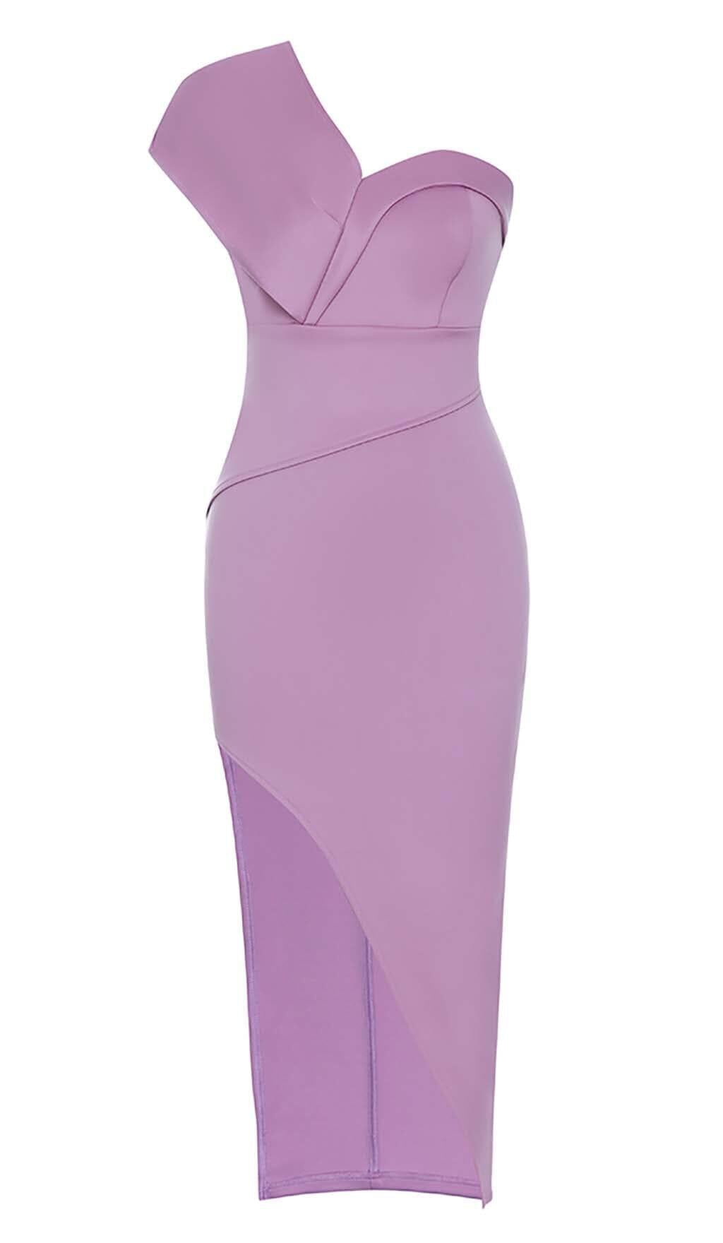 ABITO MIDI CON SPACCO SULLE COSCE E SPALLE FLOREALI IN VIOLA