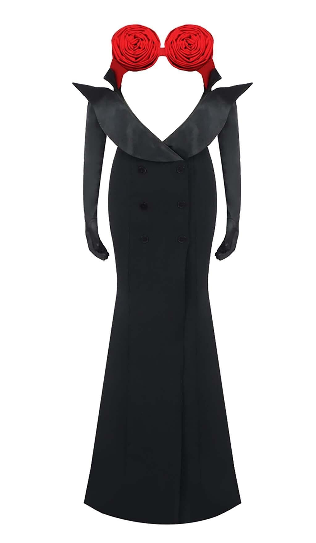 ABITO LUNGO CON CUCITURE A FIORI IN NERO