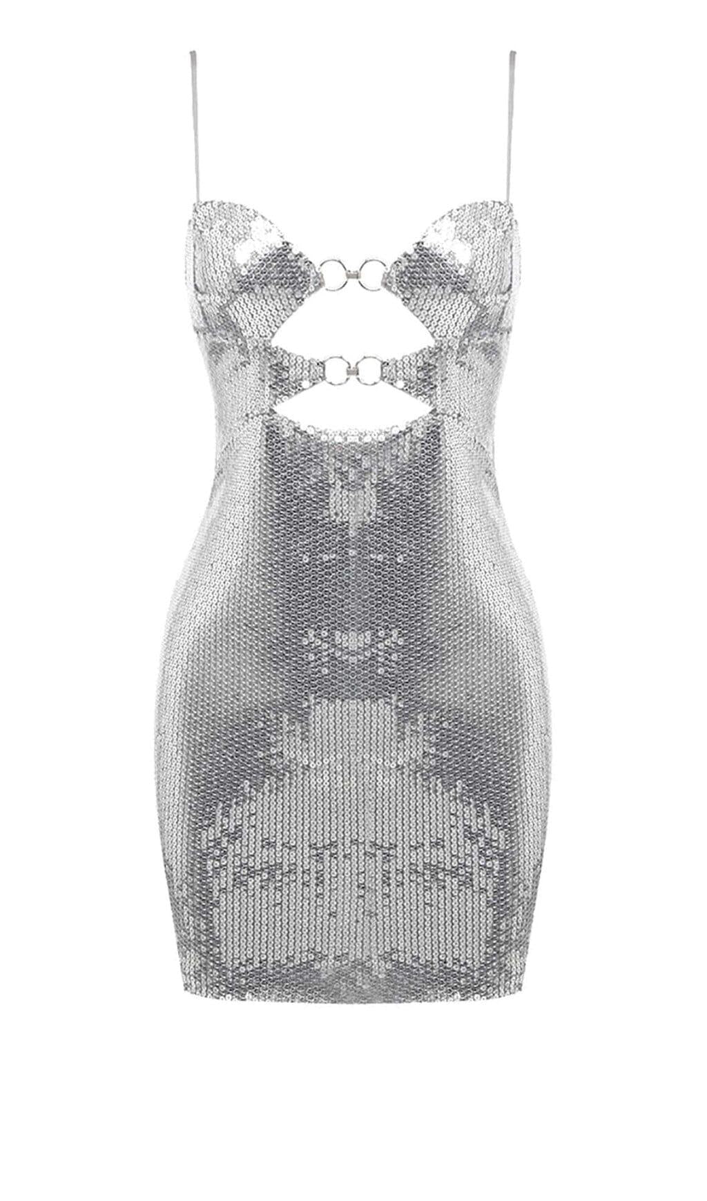 Drapiertes Minikleid mit Paillettenausschnitten in Metallic-Silber