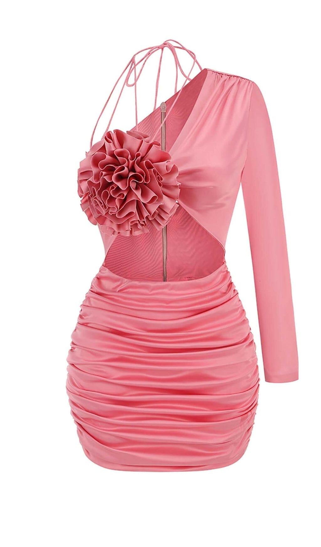 MINI ABITO IN RASO MONOSPALLA A FIORI ROSA