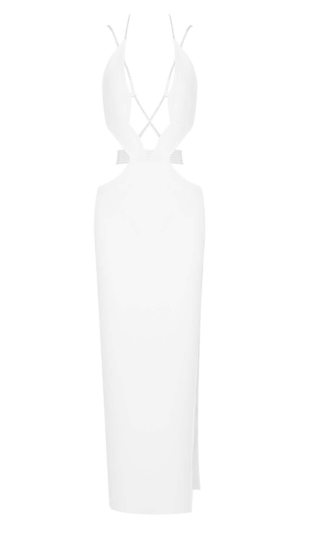 ÄRMELLOSES MAXIKLEID MIT STRASS-TRÄGERN IN WEISS