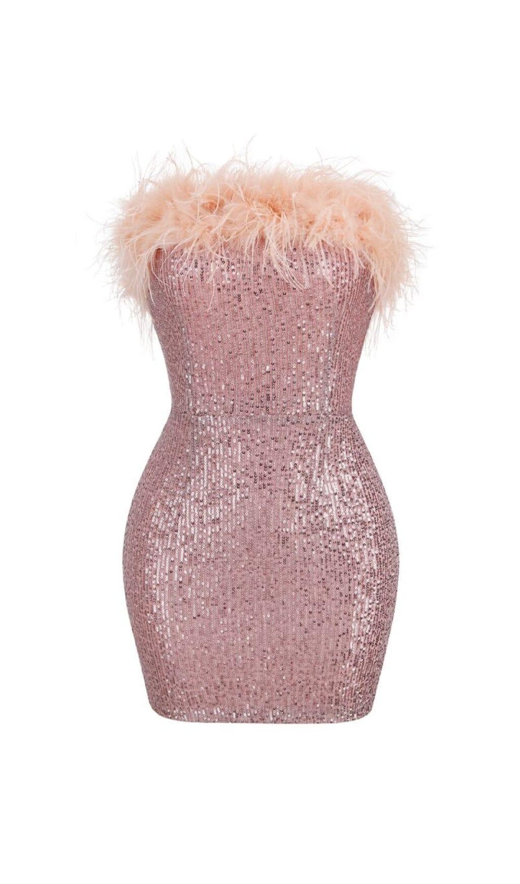 MINI ABITO CON SPALLE SCOPERTE E PIUME E PAILLETTES